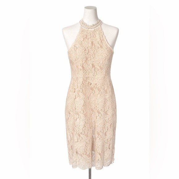 Cream Lace Halter Cocktail Dress | Wedding Guest | Bridal Shower | Boho | Size L - Picture 1 of 7